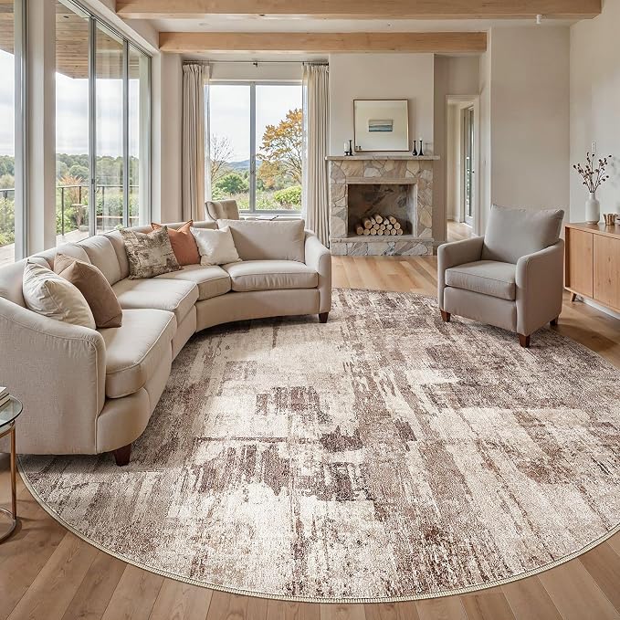 kakania Abstract 12x12 Round Rugs for Living Room: Circle Rugs 12FT Brown | Washable, Soft, Non-Slip, Low-Pile, Pet & Kid Friendly - Large Modern Home Decor Carpet for Bedroom/Dining Room/Nursery