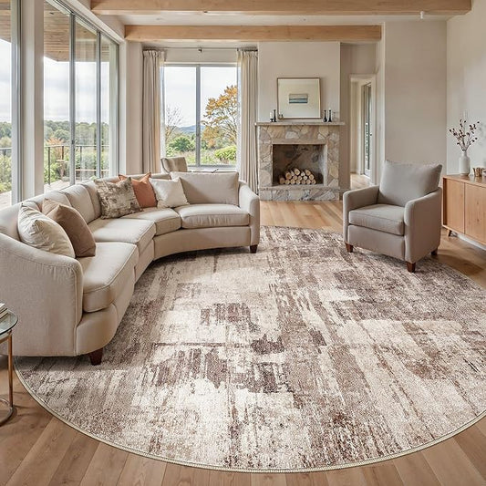 kakania Abstract 12x12 Round Rugs for Living Room: Circle Rugs 12FT Brown | Washable, Soft, Non-Slip, Low-Pile, Pet & Kid Friendly - Large Modern Home Decor Carpet for Bedroom/Dining Room/Nursery