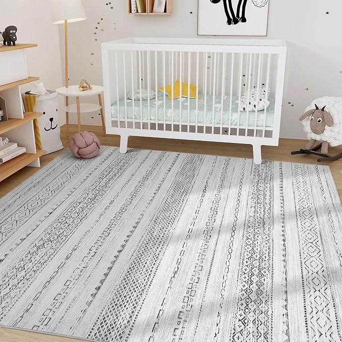 Nakagishi Boho 6x8 Area Rug Living Room Rugs Machine Washable Gray | Soft, Pet & Kid Friendly, Carpet for Living Room/Bedroom/Office/Kitchen/Nursery, Daily Home Decor Stain Resistant Moroccan