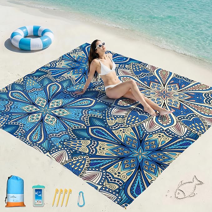 Famstar Beach Blanket Oversized Extra Large 78"X81"/10'X9',Waterproof Sandproof Beach Blanket 2-8 Adults Lightweight Durable for Travel Camping Hiking Picnic