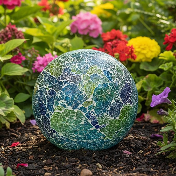 Sunnydaze 10" Mosaic Glass Gazing Ball for Garden, Globe for Outdoor Decor | Azul Terra, 2 pk, Decorative Sphere Fits Most Stands, Garden Ball for Outside, Flower Bed, Backyard, or Indoor Display