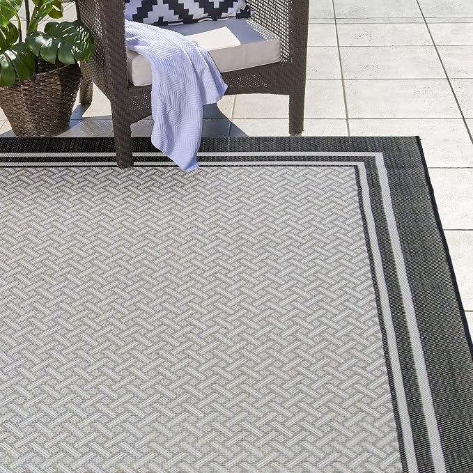 Gertmenian Indoor/Outdoor Flatweave Area Rug - 8x10 Large, Stain & UV Resistant, Ideal For Deck, Patio, Poolside, Mudroom - Border, White & Black, 23018