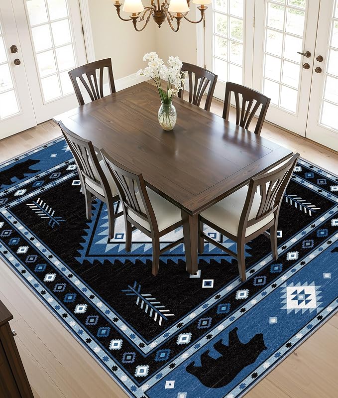 Aztec Rug 6x8 - Southwestern Bear Cabin Area Rugs for Living Room Bedroom, Rustic Farmhouse Machine Washable | Non-Slip | Soft Large Carpets, Native American Home Decor (Blue White Black)