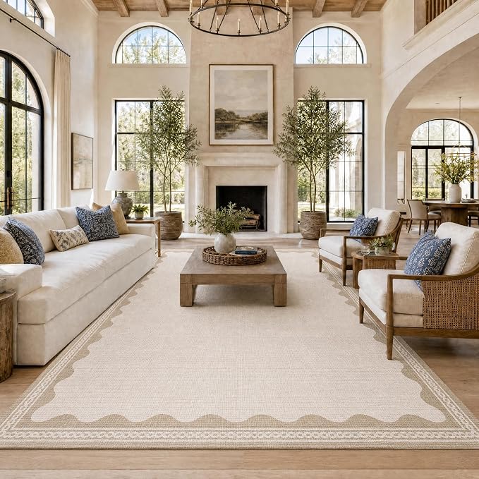 GarveeHome Scalloped Beige Washable Rugs 9x12 Rug for Living Room Non-Slip Solid Modern Minimalism 9 x 12 Rug Low-Pile Carpet for Bedroom Dining Nursery Mat with Rubber Back