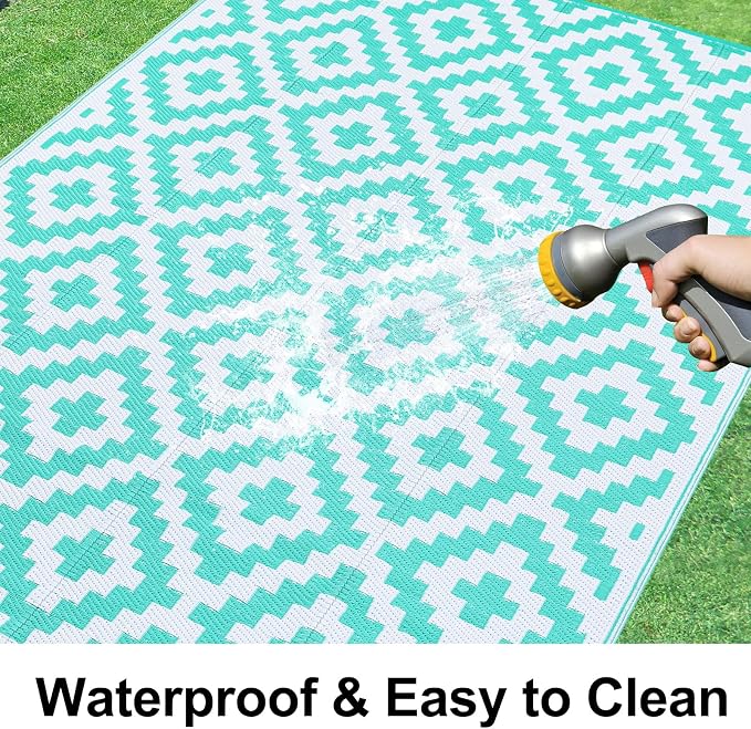 Smiry Waterproof Outdoor Rug 9X18 ft, Reversible Plastic Straw Patio Camping Rugs, Outdoor Indoor RV Mat Carpet for Patio, Outside Entry, Backyard, Deck, Bench, Picnic, Camper, White & Teal