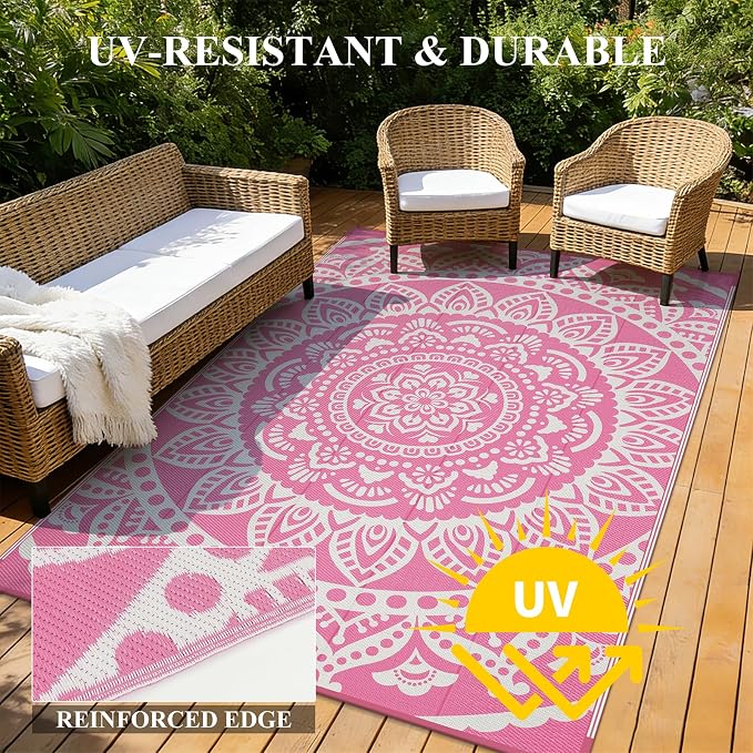 Bsmathom Waterproof Outdoor Rug 6'x9' Reversible Boho Plastic Straw Patio Deck Camping Rugs, Indoor Outdoor Portable RV Mat Clearance Carpet for Outside, Porch, Balcony, Backyard, Beach, Pool,Pink