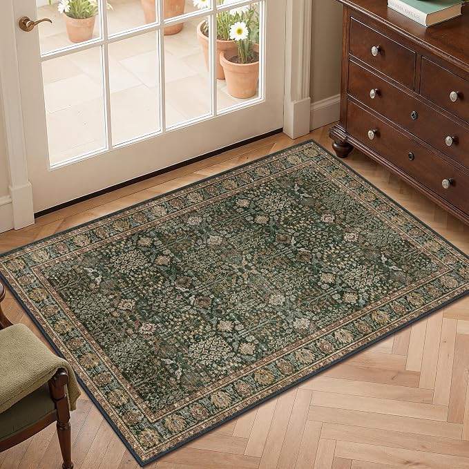 2x3 Washable Rug, Non Slip Entryway Mat, Dark Green Brown | Vintage Floral, Spill Resistant, Lightweight Low Pile Carpet for Kitchen, Hallway, Front Door and Bathroom