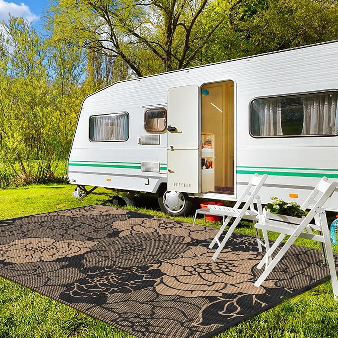 GENIMO Outdoor Rug Waterproof for Patio Decor, 5' x 8' Reversible Plastic Straw Floral Camping Carpet, Large Area Rugs Mats for RV, Camper, Deck, Balcony, Porch, Beach, Picnic, Mix-Black & Brown