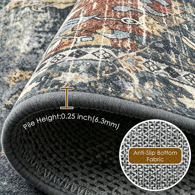 Washable Area Rugs - Perfect for Living Room, Bedroom, Kids Room, Nursery - Stain & Water Resistant Non-Slip, Pet & Child Friendly, Vintage Tribal Area Rugs (Rust, 5' x 7')