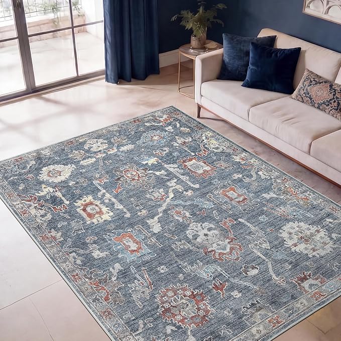 Keen Home Design Vintage Washable Area Rug, Non-Slip Low Pile, 5x7 | Machine Washable Cotton Chenille, 0.25In Low Pile, Rubber Non-Slip Back; Living Room, Bedroom, Dining Room, Office