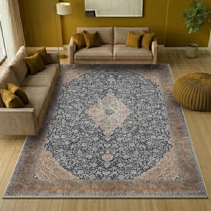 Keen Home Design Vintage Washable Area Rug, Non-Slip Low Pile, 9x12 | Machine Washable Cotton Chenille, 0.25In Low Pile, Rubber Non-Slip Back; Living Room, Bedroom, Dining Room