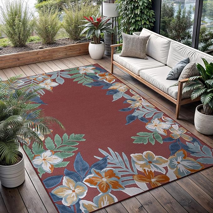 Outdoor Rug 10x14 Washable Area Rugs Indoor Outdoor Carpets Red Border Floral Non Shedding Waterproof Easy Clean Patio Deck Porch Living Room Bedroom Garden RV (10 X 14 Red)