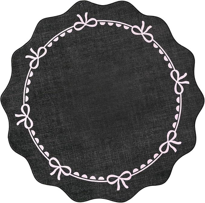 GarveeHome 5ft Round Rugs Washable Scalloped Bow Rug for Bedroom Black Pink | Non Slip Soft Low Pile Ultra-Thin Stain Resistant Indoor Carpet for Living Room Nursery Girls Dorm Decor Kids Room Playroom