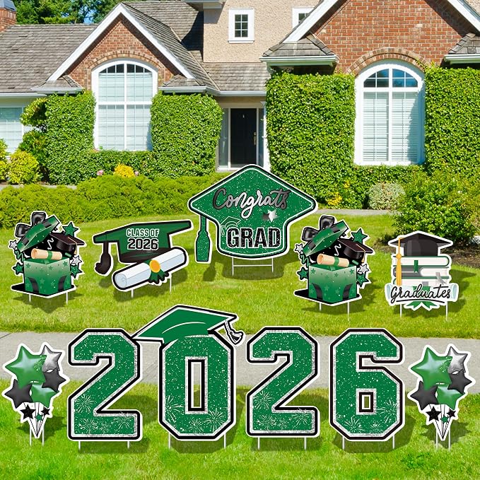 Large 11 PCS Graduation Yard Signs, Class of 2026 Congrats Grad Outdoor Lawn Yard Sign with Stakes, Graduate Yard Decorations for College High School Party, Black and Green
