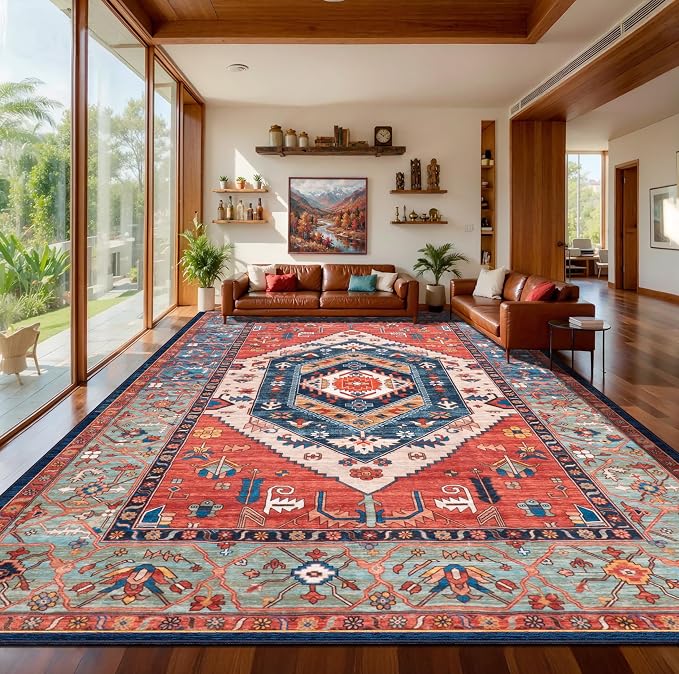 SERISSA 9x12 Washable Non Slip Boho Area Rug for Living Room，Rust | Ultra Soft Vintage Oriental Carpet Low-Pile Distressed Tribal Throw Carpet for Dining Room Bedroom Dorm Office Home Decor