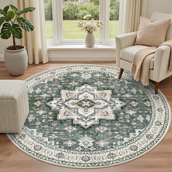 Round Area Rug for Living Room: 6ft Boho Washable Rug Green Ivory | Vintage Boho Soft Round Rug Indoor Floor No Slip Carpet Stain Resistant Rugs for Bedroom Dining Room Nursery Home Office