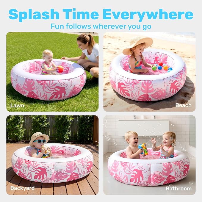 SLOOSH Inflatable Kiddie Pool for Kids, 36"x11" Swimming Pool with Soft Pad Floor for Kid & Toddler, Round Blow Up Baby Ball Play Pit Pools for Swim Party, Portable Indoor & Outdoor Water Toys (Pink)