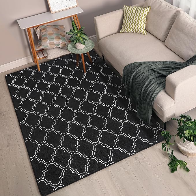 Chicrug 5x7 Shag Geometric Modern Area Rug for Bedroom Living Room | Memory Foam Indoor Carpet, Fluffy Rug for Bedside Room for Family Girls Kids Play Mat, Black and White