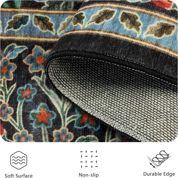 6x9 Area Rugs, Washable Floral Area Rugs for Living Room, Indoor Area Rug for Bedroom, Dining Room, Low Pile Non-Slip Non Shedding Rug(Black Floral)