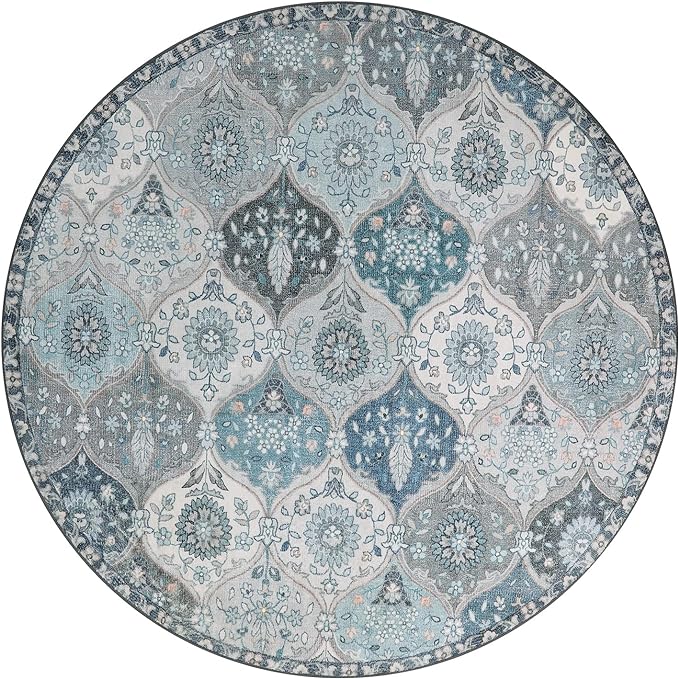 Lahome Moroccan Trellis Round Rug, 5ft, Blue, Faux Wool, Machine Wash, Non-Slip Backing, Low Pile, Floral Pattern, Area Rug for Bedroom, Living Room, Bathroom | Ultra-Thin Small Boho Circle Carpet for Entryway Kitchen Bedroom Nursery Bathroom Vionnet, ...