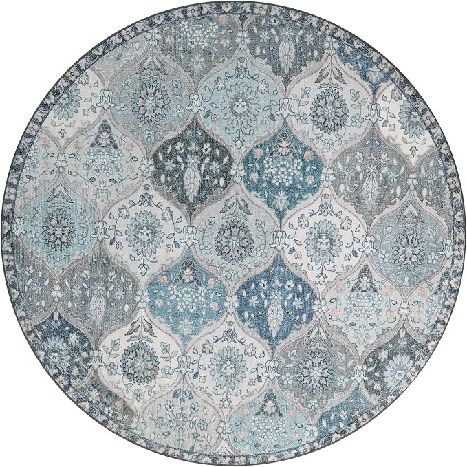 Lahome Moroccan Washable Round Area Rug, Soft Blue Vintage Round Rugs 6ft | Non-Slip Ultra-Thin Distress Large Circle Carpet for Dining Room Living Room Bedroom Elise, Blue