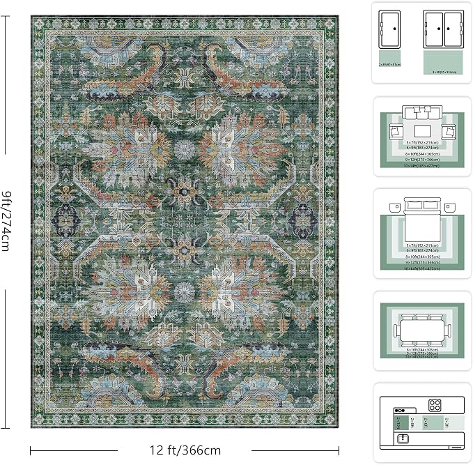 9x12 Area Rug, Vintage Retro Soft Washable Rug, Non-Slip Low Pile Rugs for Living Room, Bedroom, Dining Room, Stain Resistant Home Decor Rug (Green)