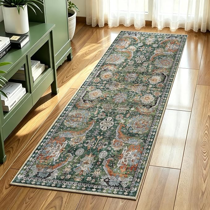 Washable Area Rugs - Perfect for Living Room, Bedroom, Kids Room, Nursery - Stain & Water Resistant Non-Slip, Pet & Child Friendly, Vintage Tribal Area Rugs (Green, 2'6'' x 8')