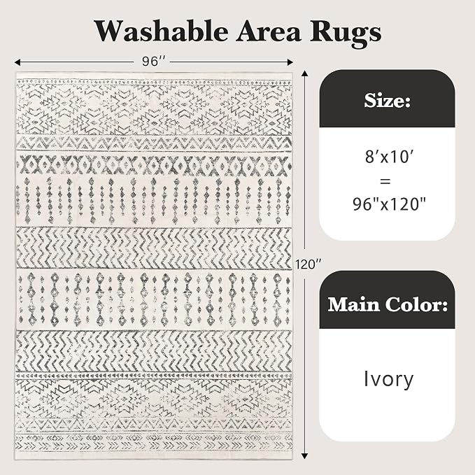 Art&Tuft Washable Rugs 8x10, Area Rugs for Living Room, Ivory | Low Pile, Soft & Lighweight, Folable, Stain Resistant Indoor Floor Mat Moroccan Carpet for Bedroom, Dining Room, Home Office