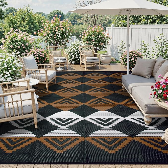 Beeiva Large Outdoor Rug 9x12 Waterproof for Patio, Reversible Plastic Straw Outdoor Rug for Backyard, Deck, Outdoor Furniture, Black Brown