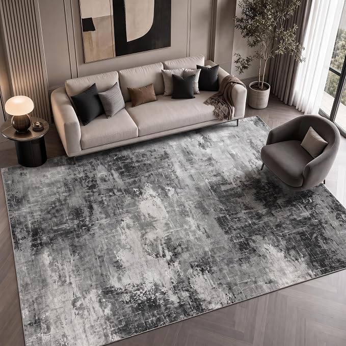 6x9 Area Rugs for Living Room, Modern Abstract Washable Rug with Non-Slip Backing & Low Pile Indoor Carpet for Nursery Room, Bedroom and Dinning Room, Grey