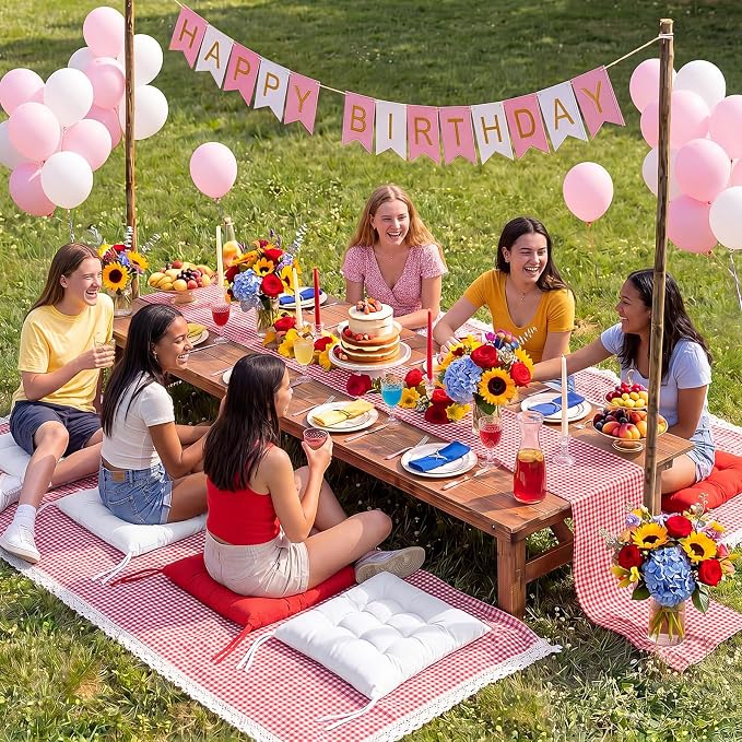 Extra Large Outdoor Picnic Blanket with Table Runner and Floor Pillow Cushion for Picnic Wedding Birthday Baby Shower Backyard Decor(59 x 102'',Burgundy,White,8 Pcs)