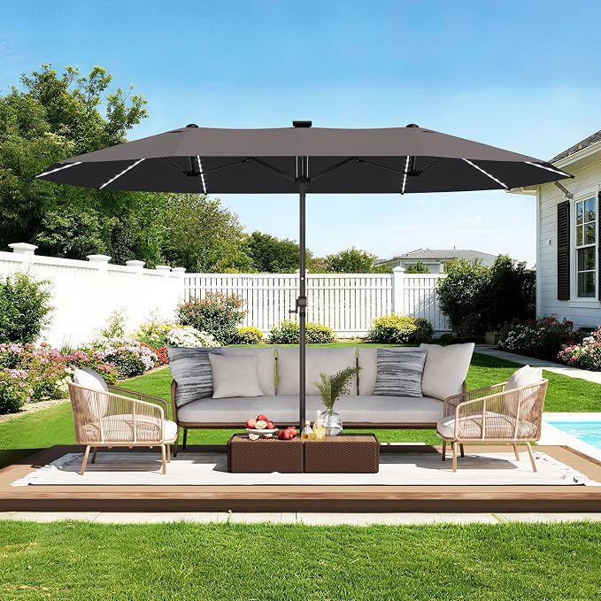 GDPFN 15ft Rectangular Patio Umbrella with Solar LED Lights, Double-Sided Outdoor Market Umbrella Extra Large Shade for Pool, Deck, Backyard, Garden, Dark Gray (Base Not Include)