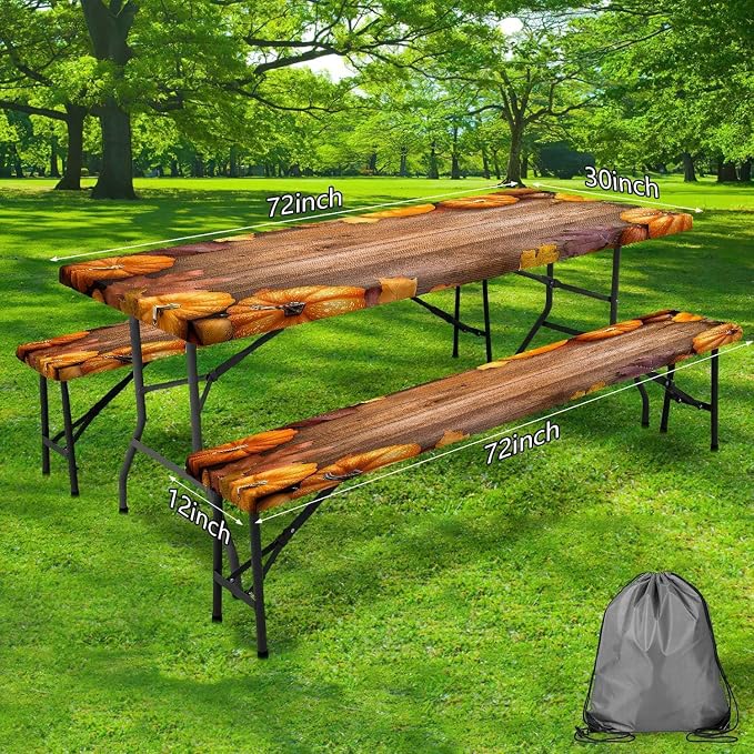Picnic Table Cover with Bench Covers Elastic Edges, Outdoor Patio Camping Essentials 72 Inch 3PCS, Camper Fitted Table Cover, Waterproof Rectangle Tablecloth with Drawstring Bag,Orange