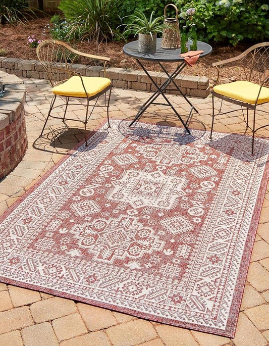 Unique Loom Outdoor Aztec Collection Area Rug - Chalca (10' x 14' 1" Rectangle, Rust Red/ Ivory)