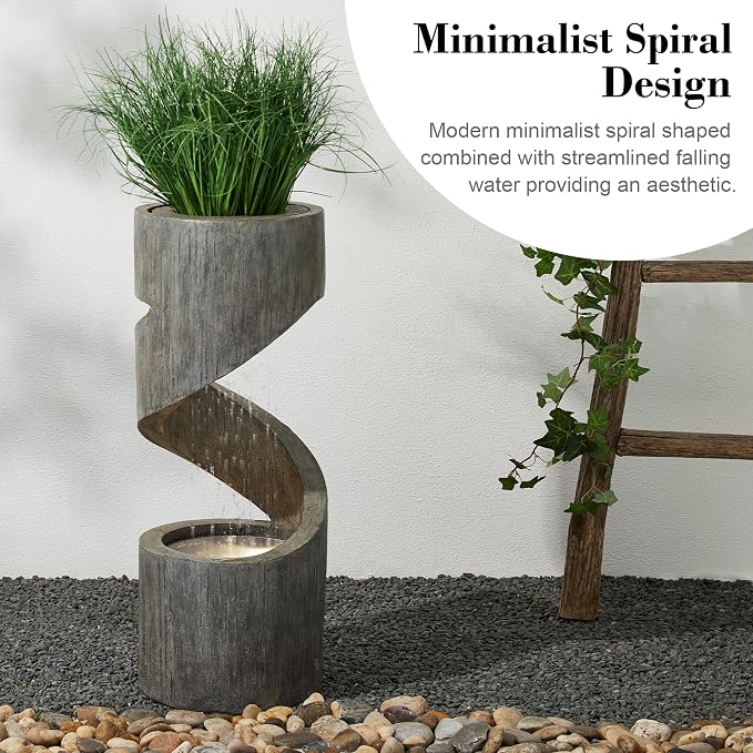 Glitzhome Outdoor Fountain with LED Light, Spiral Water Fountain Outdoor with Stone Planter, Modern Curved Waterfall Fountains Water Feature for Garden Patio, 31.3”H