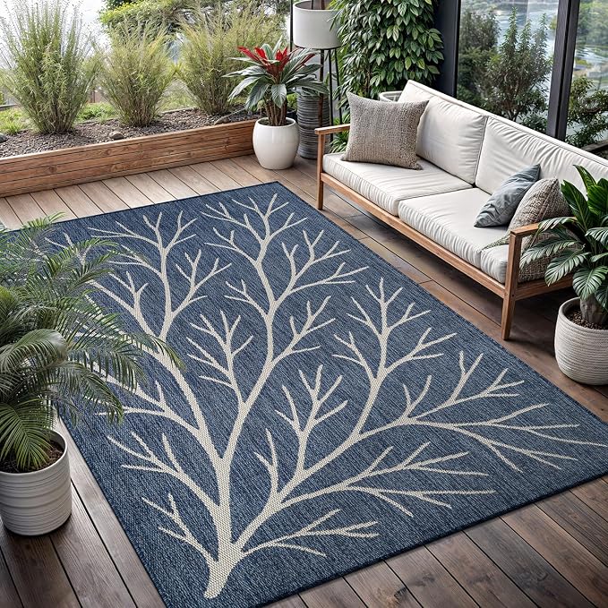 Washable Indoor Outdoor Rug 10x14 Modern Area Rugs Branch Pattern Non Shedding Waterproof Easy Clean Patio Deck Porch Living Room Bedroom Garden RV (10 X 14 Blue)