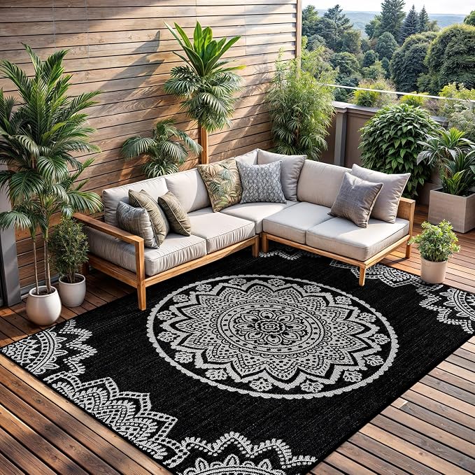 CAMILSON Outdoor Rug 5x7 Modern Area Rugs for Indoor and Outdoor Patios and Porches - Waterproof Washable Non-Shedding Easy-to-Clean Outside Carpet (5 x 7 Medallion - Black/White)