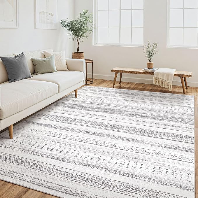 Tortania Area Rug Living Room Rugs - 5x8 Washable Large Soft Neutral Boho Moroccan Bohemian Farmhouse Rug Indoor Floor Carpet for Bedroom Under Dining Table Home Office Decor - Light Grey