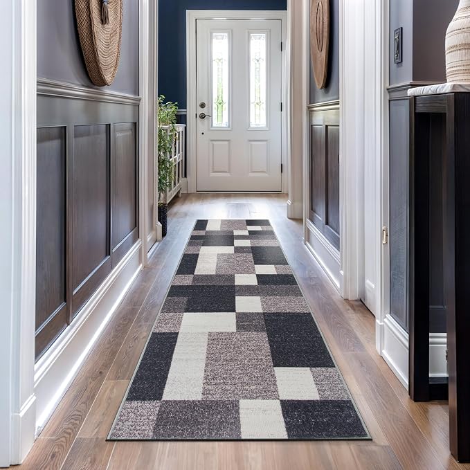 Rugshop Modern Boxes Non-Slip Living Room Runner Rug Gray 2'7" x 12' | Runner, Size 2'7" x 12', Bedroom, Dining Room, Home Office, Kitchen, Entryway, Hallway, Nursery, Kids Room, Guest Room