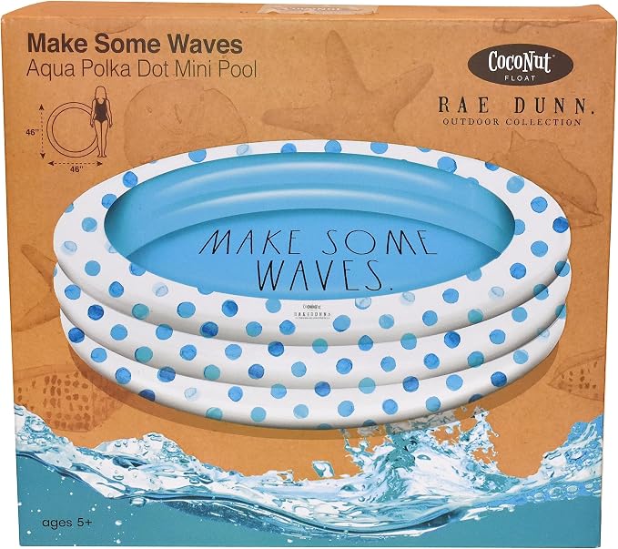 Rae Dunn x CocoNut Float Aqua Polka Dot Mini Pool, Make Waves Theme | Inflatable swimming pool for kids, splash design, easy setup, great backyard fun, durable, perfect for summer parties