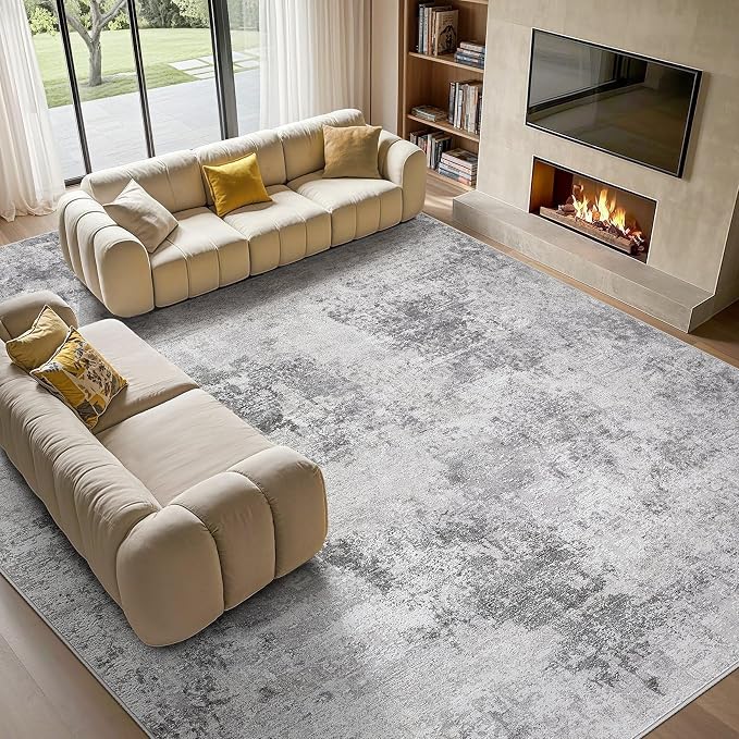 Tortania Washable 7x9 Area Rug for Living Room: Modern Abstract Neutral Large Soft Thin Rugs - Non Slip Indoor Carpet for Bedroom Dining Room Office Nursery Home Floor Decoration - Smoky Gray