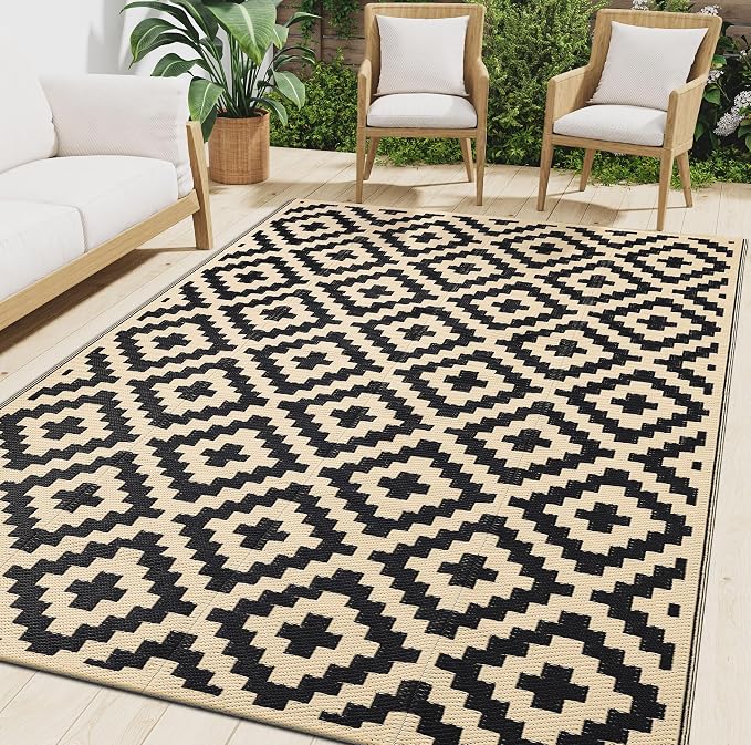 Smiry Waterproof Outdoor Rug 9X18 ft, Reversible Plastic Straw Patio Camping Rugs, Outdoor Indoor RV Mat Carpet for Patio, Outside Entry, Backyard, Deck, Bench, Picnic, Camper, Black & Beige