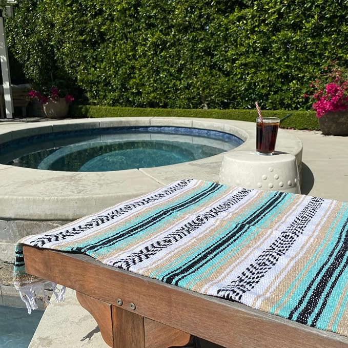 Del Mex Classic Mexican Blanket, Large Authentic Woven Falsa Throw (70"x50"), Artisan Southwest Décor for Beach, Yoga, Outdoors (Mint/Tan)