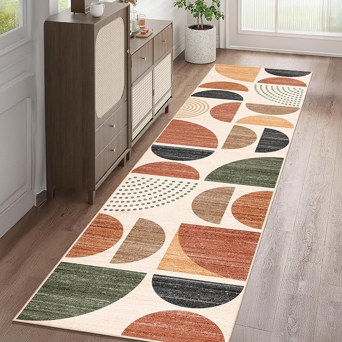 Boho Runner Rug Washable 2x8 Area Rugs Non Slip Modern Abstract | Long Throw Carpet for Hallways Kitchen Bedroom Entryway Bathroom Laundry Soft Low Pile Floor Indoor Bohemian Terracotta