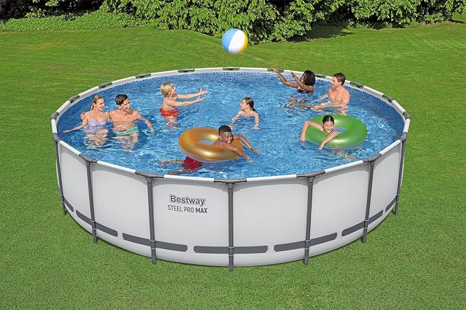 Bestway Steel Pro MAX 18' x 48" Above Ground Swimming Pool Set with Pump | Durable Round Metal Frame Outdoor Backyard Pool, Puncture-Resistant Liner - Ladder and Cover Included, Gray