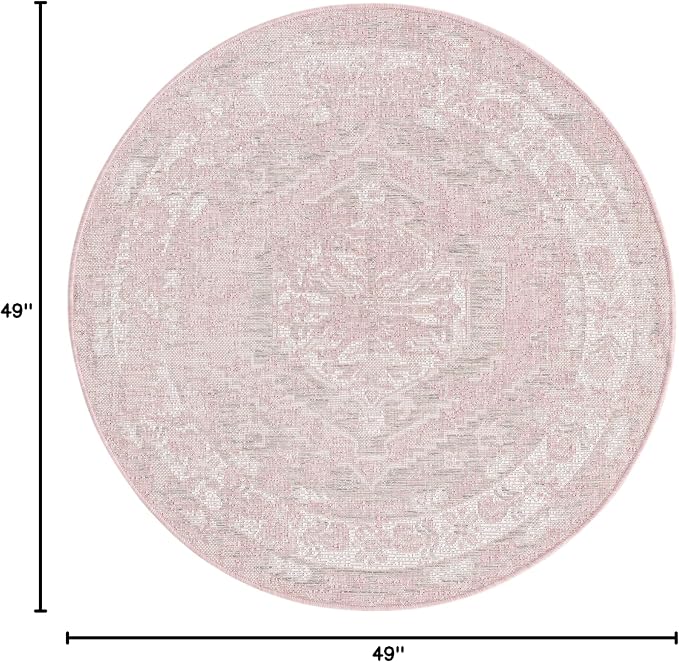 Unique Loom Outdoor Traditional Collection Area Rug - Valeria (4' 1" Round, Pink/ Ivory)