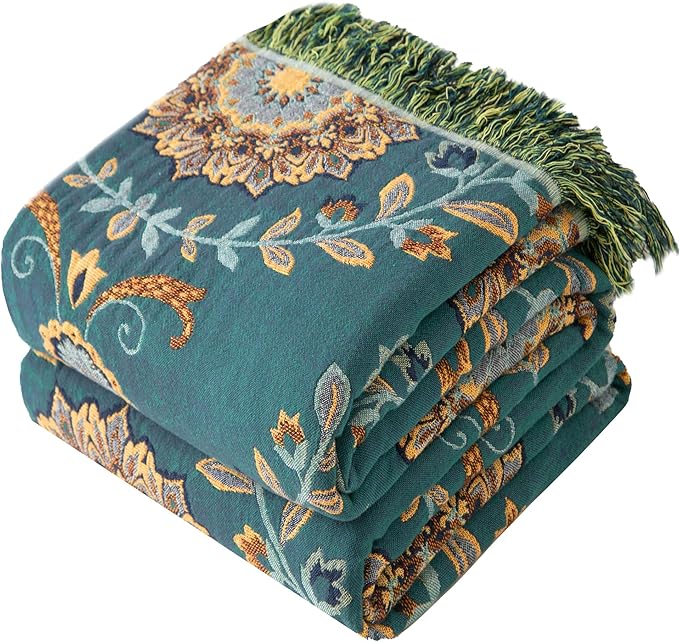 Phuryllic Boho Throw Blanket Twin Size, Soft Cozy Cotton Muslin Quilt Blanket for Bed Decor, Floral Patterned Couch Sofa Chair Cover, Vintage Farmhouse Cottage Tapestry Woven Blanket, Green&Beige