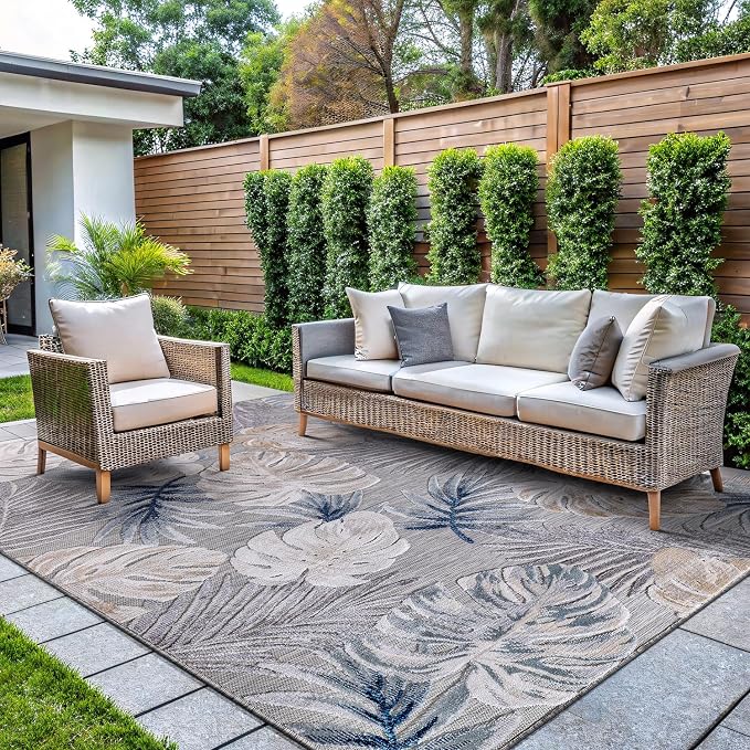 CAMILSON Indoor Outdoor Rug, Blue 6’x9’ Leaf Tropical Botanical Area Rugs for Indoor and Outdoor patios, Easy-Cleaning Non-Shedding Living Room, Garden and Kitchen Washable Outside Carpet (6x9)