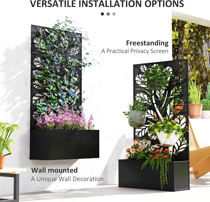 Outsunny Metal Raised Garden Bed with Trellis for Climbing Plants, Freestanding or Wall Mounted Flower Bed with Privacy Panel, Twigs and Leaves Cut-Outs Outdoor Planter Box for Garden, Patio, Balcony