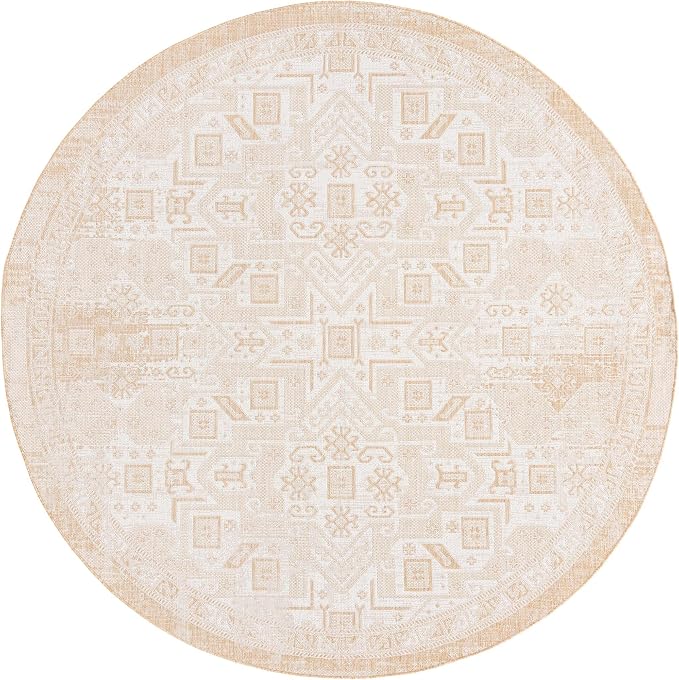 Unique Loom Outdoor Aztec Collection Area Rug - Coba (10' Round, Natural/ Ivory)